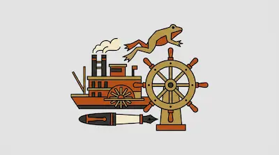 A jumping frog, a steamboat, a ship's steering wheel, and a fountain pen.
