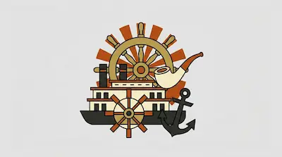 A paddle steamer boat, a ship's wheel, an anchor, and a smoking pipe arranged in a central cluster.