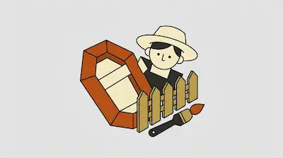 A person wearing a hat stands behind a coffin and a wooden fence, with a paintbrush in the foreground.