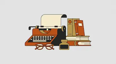 Flat illustration of an orange typewriter, a stack of books, and a pair of glasses on a light grey background