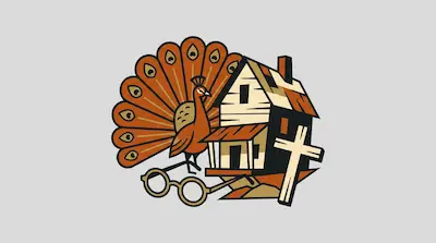 Flat illustration of a peacock with spread feathers next to a small house, a cross, and glasses on a gray background