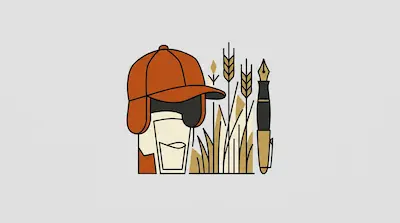 Flat illustration of an orange hunting cap, a glass of water, stalks of wheat, and a fountain pen on a gray background