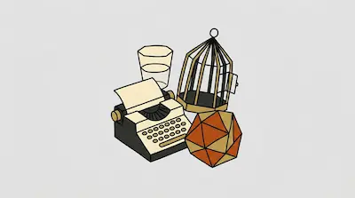 Flat illustration of a vintage typewriter, a birdcage, a glass of water, and a geometric d20 die on a gray background