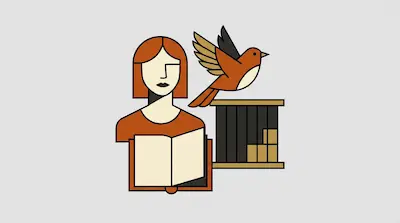 Flat illustration of a woman reading a book next to a flying bird and a bookshelf on a light grey background
