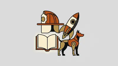 Flat illustration of a firefighter helmet, a rocket ship, an open book, and a robotic dog on a light gray background