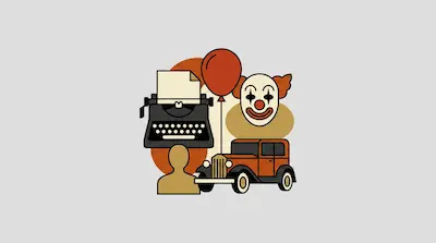 Flat illustration of a typewriter, a red balloon, a clown face, and a vintage car against a light gray background