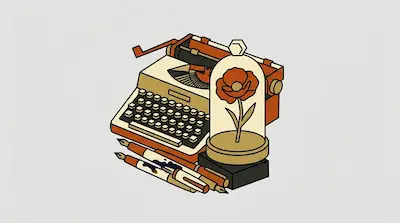 Flat illustration of a vintage typewriter, fountain pens, and a red poppy flower in a glass cloche on a gray background