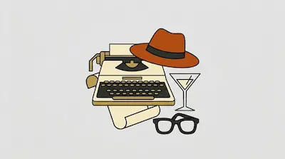 Flat illustration of a vintage typewriter, a brown fedora hat, a martini glass, and black glasses on a grey background
