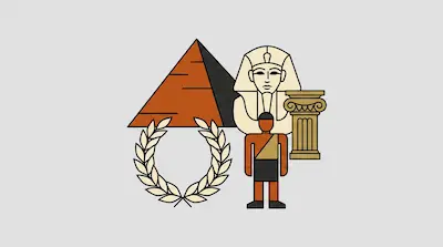 Flat illustration of an Egyptian pyramid, a sphinx head, a laurel wreath, and a human figure on a gray background