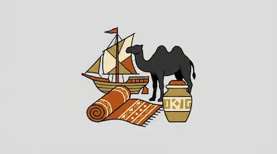 Flat illustration of a black camel, a wooden sailing ship, a patterned rug, and a clay jar on a light gray background