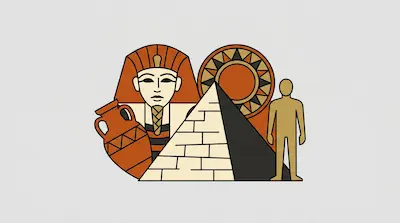 Flat illustration of an Egyptian pharaoh mask, a stone pyramid, and a clay vase in orange and tan tones