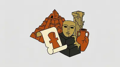 Flat illustration of ancient artifacts including a stepped pyramid, a golden mask, a cracked vase, and a papyrus scroll