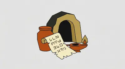 Flat illustration of an ancient scroll, a clay jar, and a lit oil lamp in front of a dark cave opening.