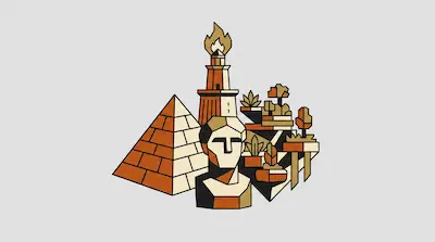 Flat illustration of a pyramid, a lighthouse with a flame, and a stone bust in earth tones on a light gray background