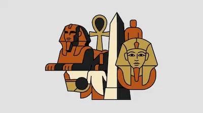 Flat illustration of the Great Sphinx, an obelisk, and a pharaoh mask in orange and gold tones on a gray background