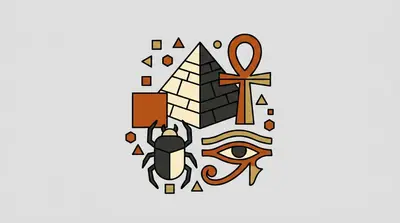 A pyramid, a looped cross symbol, a beetle with raised legs, and a stylized eye with a curved tail grouped together.