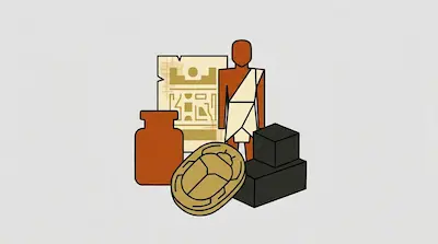 Flat illustration of an Egyptian figure, a scarab beetle, and a papyrus scroll with hieroglyphs on a grey background
