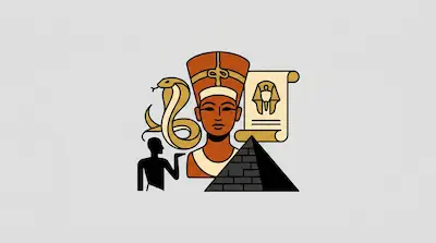 Flat illustration of an Egyptian queen bust, a cobra, a pyramid, and a papyrus scroll on a light gray background