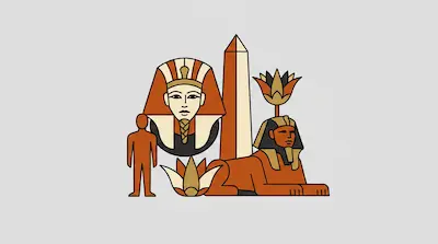Flat illustration of Egyptian symbols including a pharaoh head, the Great Sphinx, and an obelisk on a gray background