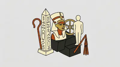 Flat illustration of Egyptian artifacts including a Nefertiti bust, an obelisk, and a crook on a light gray background