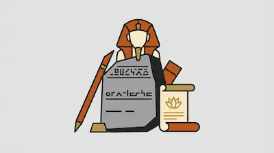 Flat illustration of an Egyptian pharaoh behind a stone tablet with hieroglyphs, a stylus, and a papyrus scroll