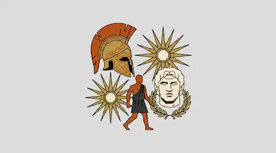 Flat illustration of a Spartan helmet, a marble bust, and a walking figure surrounded by sun symbols on a grey background