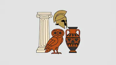 Flat illustration of a Greek column, a Spartan helmet, an owl, and a patterned amphora on a light grey background