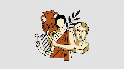 Flat illustration of a Greek figure holding a lyre next to an amphora, a laurel branch, and a marble bust