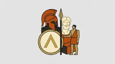 Flat illustration of a Spartan helmet, a round shield with a lambda, a spear, and a male figure on a gray background