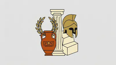 Flat illustration of an ancient Greek helmet, a fluted column, a laurel wreath, and a terracotta amphora on a gray background