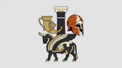 Flat illustration of a winged bull, a Greek column, a lion rhyton, and a Spartan helmet on a grey background