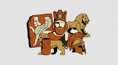 Flat illustration of a bearded king, a winged bull relief, a lion statue, and a plumed helmet on a light gray background