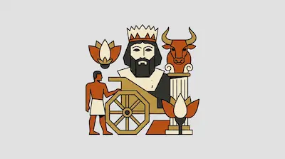 Flat illustration of a crowned king, a bull head, and a man with a chariot wheel in a stylized ancient aesthetic