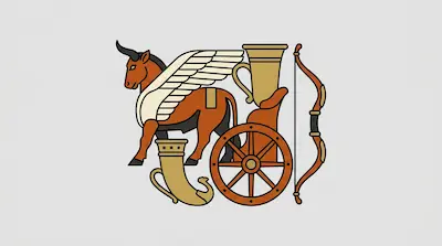Flat illustration of a winged bull, a chariot wheel, and a bow with an arrow on a light gray background