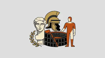 Flat illustration of a Roman bust, a gladiator helmet, and the Colosseum in muted tones on a gray background