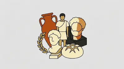 Flat illustration of Roman artifacts including a terracotta amphora, marble busts, a laurel wreath, and a loaf of bread
