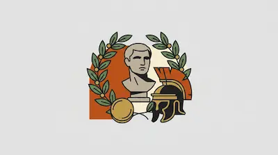 Flat illustration of a Roman bust, a plumed helmet, and a laurel wreath against a terracotta and cream background
