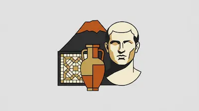 Flat illustration of a Roman bust, an amphora vase, and a volcano with a mosaic pattern on a light grey background