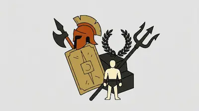 Flat illustration of a gladiator figure, a Spartan helmet, a trident, and a shield on a light grey background