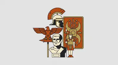 Flat illustration of Roman icons including a soldier, a stone bust, an eagle standard, and a plumed helmet