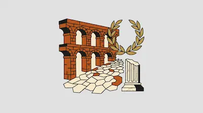 Flat illustration of a Roman aqueduct, a stone road, a broken column, and a laurel wreath on a light gray background