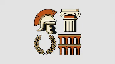 Flat illustration of a Roman helmet, an ionic column, a laurel wreath, and an aqueduct on a light gray background