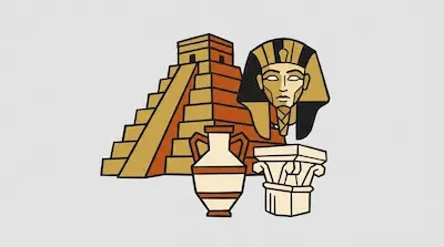 Flat illustration of a Mayan pyramid, an Egyptian pharaoh mask, a Greek amphora, and a stone column on a gray background