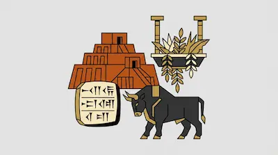 Flat illustration of a Mesopotamian ziggurat, a cuneiform tablet, and a black bull on a light gray background