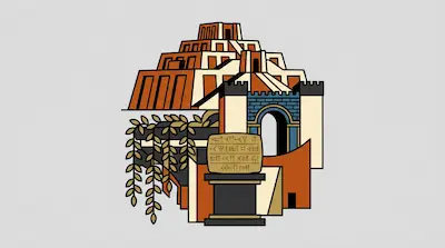 Flat illustration of a Mesopotamian ziggurat, a blue stone gate, and a cuneiform tablet on a light grey background