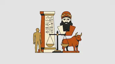 Flat illustration of a bearded king, a cuneiform pillar, a bull, and a scale of justice on a gray background