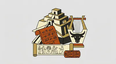 Flat illustration of a Mesopotamian ziggurat, a cuneiform tablet, and a bull lyre on a plain light background
