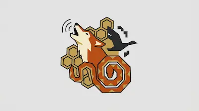 Flat illustration of a howling fox, a coiled snake, and a flying bird over honeycombs on a light gray background