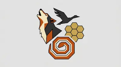 Flat illustration of a howling wolf, a flying bird, a honeycomb, and a coiled snake in a geometric minimalist style.