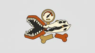 An open jaw with sharp teeth, a reptile skull, a round gauge, and two crossed bones on a gray background.